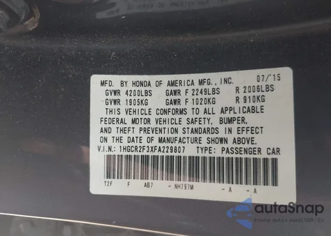 2015 Honda Accord Lx из США, поврежденный, VIN 1HGCR2F3XFA229807